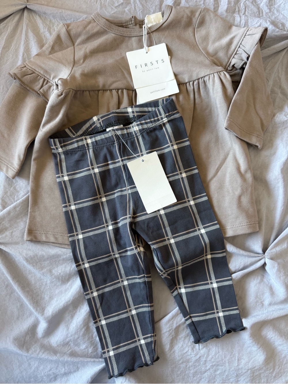 First by Petit Lem Baby Plaid Leggings in Charcoal & Cream